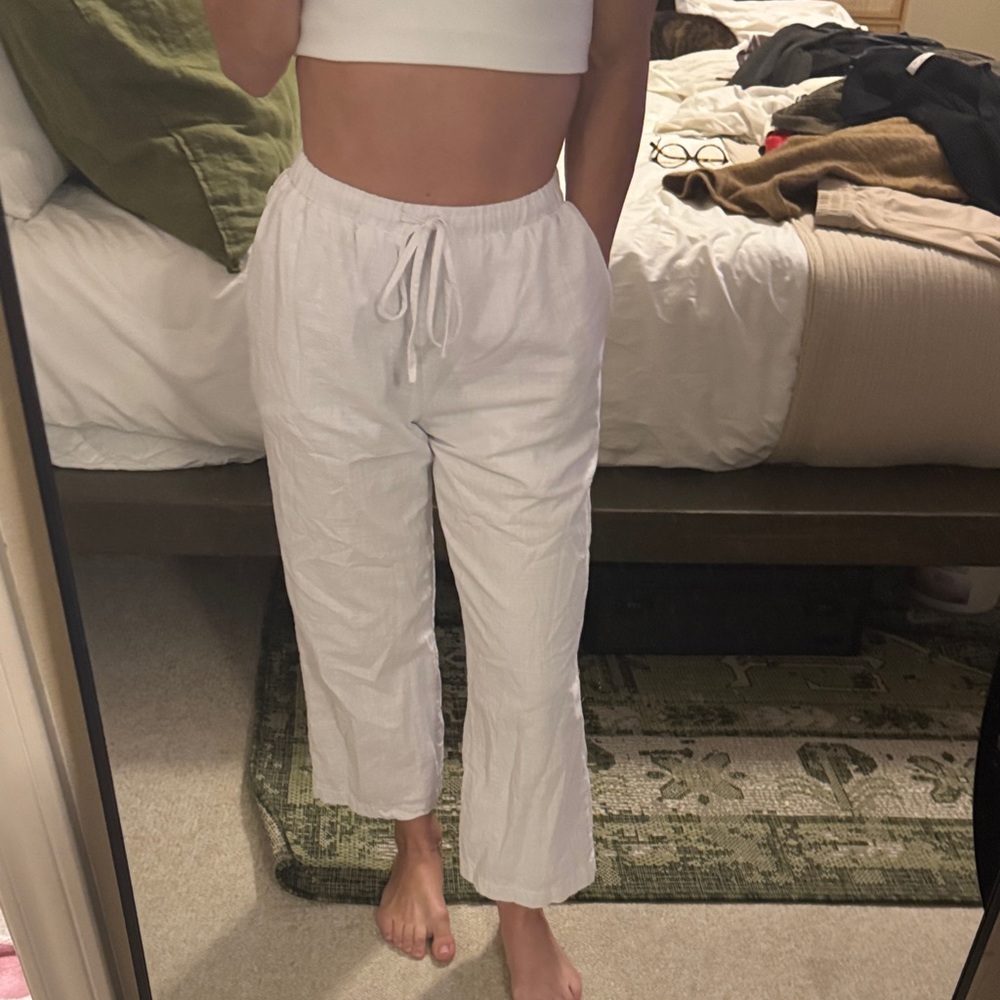 Cropped Drawstring Linen-Blend Pants - White